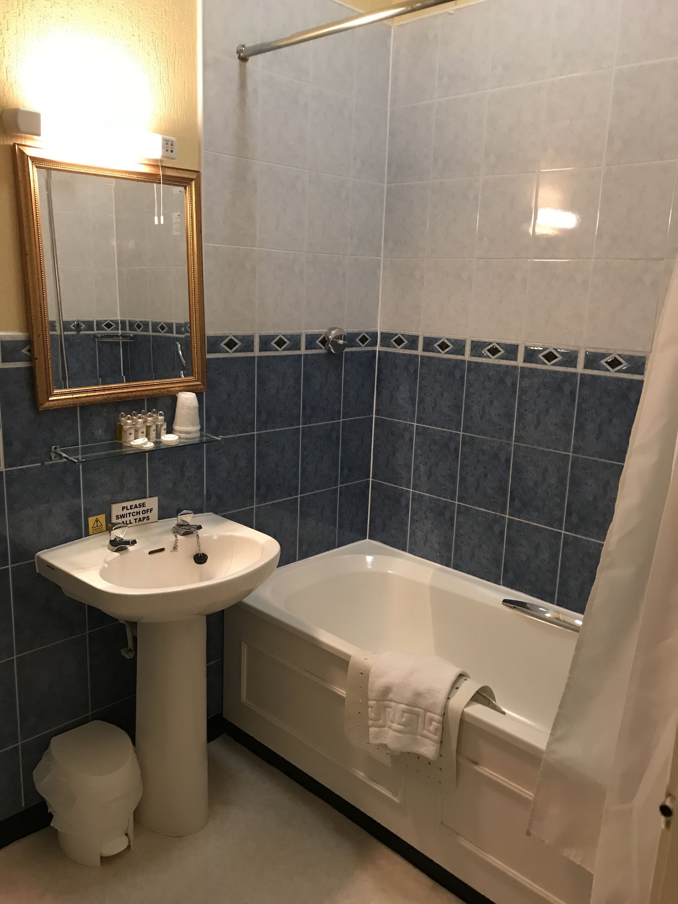 combined shower/bathtub, free toiletries, hair dryer, towels