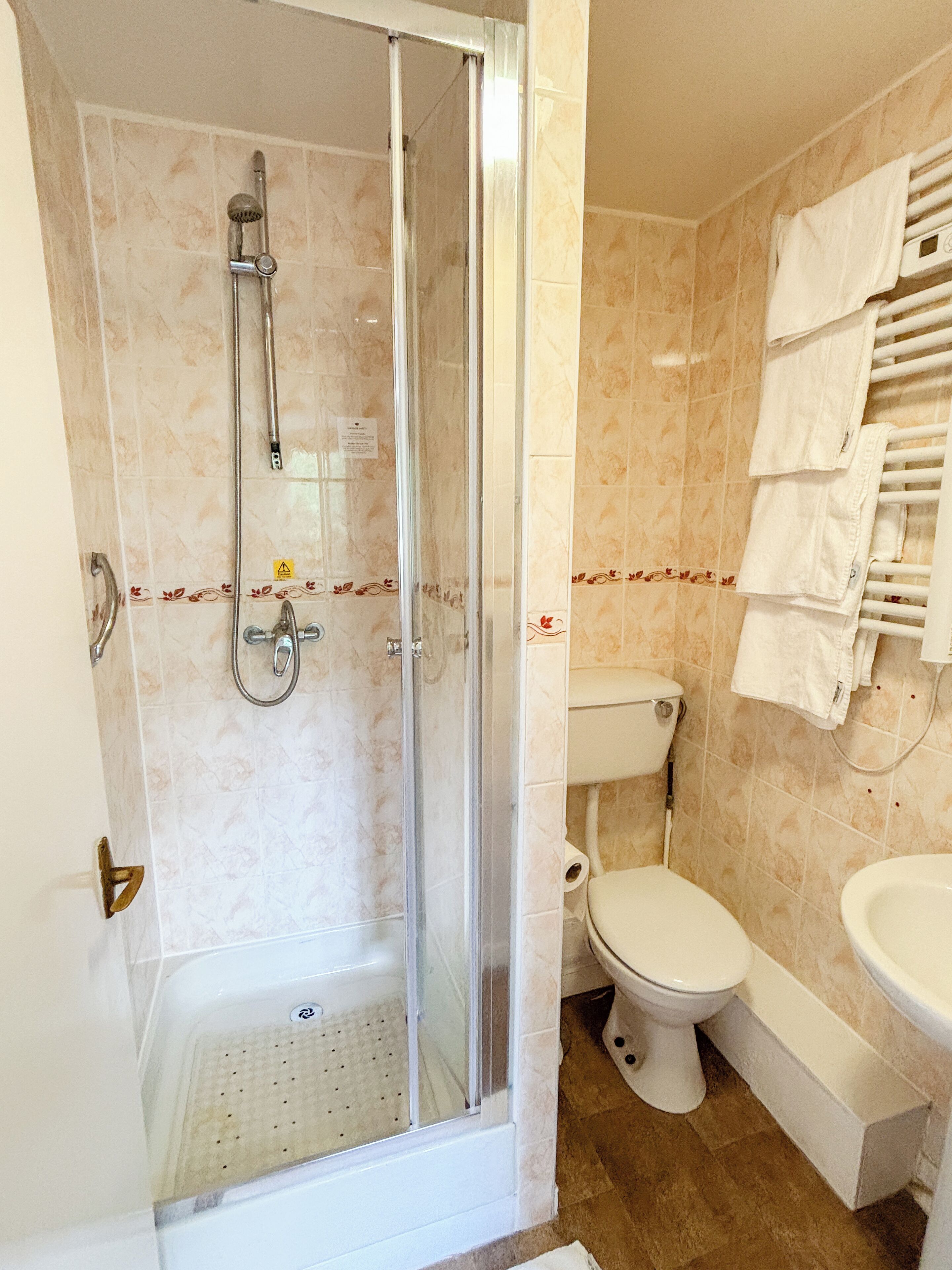 A bathroom with a glass-enclosed shower, a toilet, and a sink.