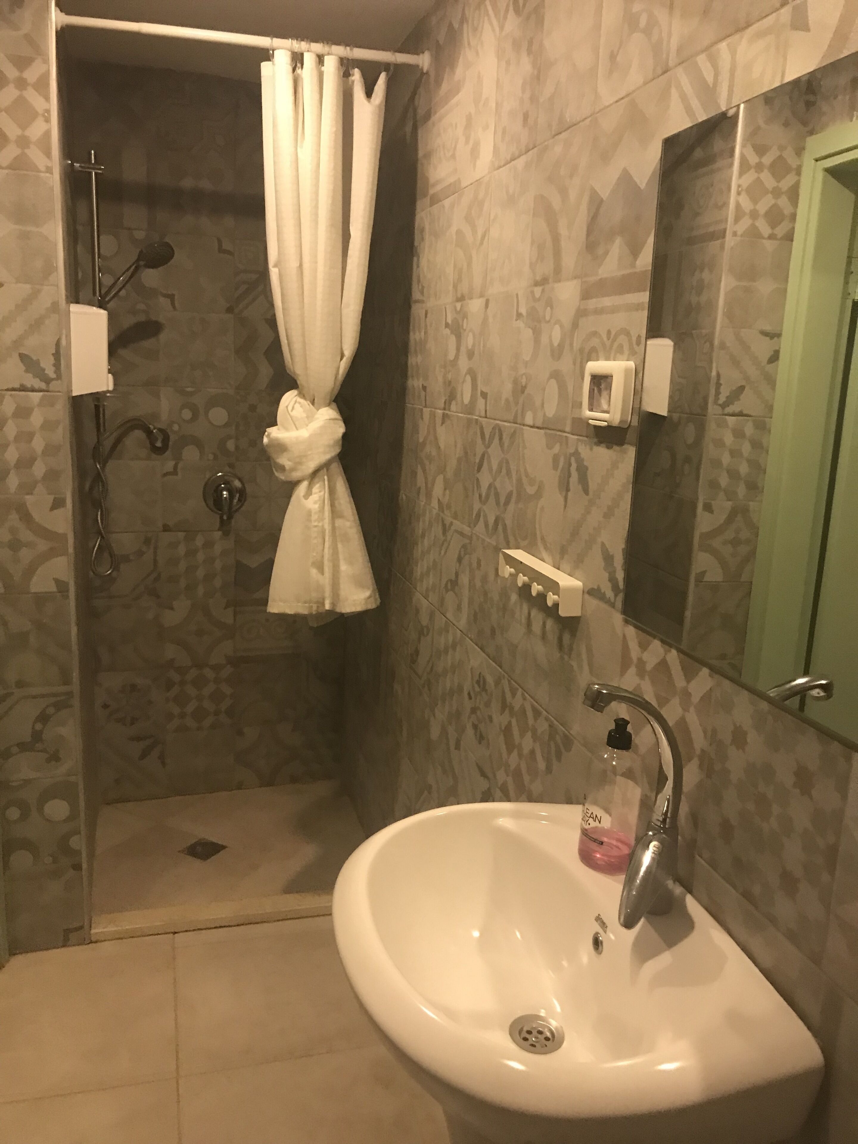 Een badkamer met een douche, een wastafel en een spiegel.