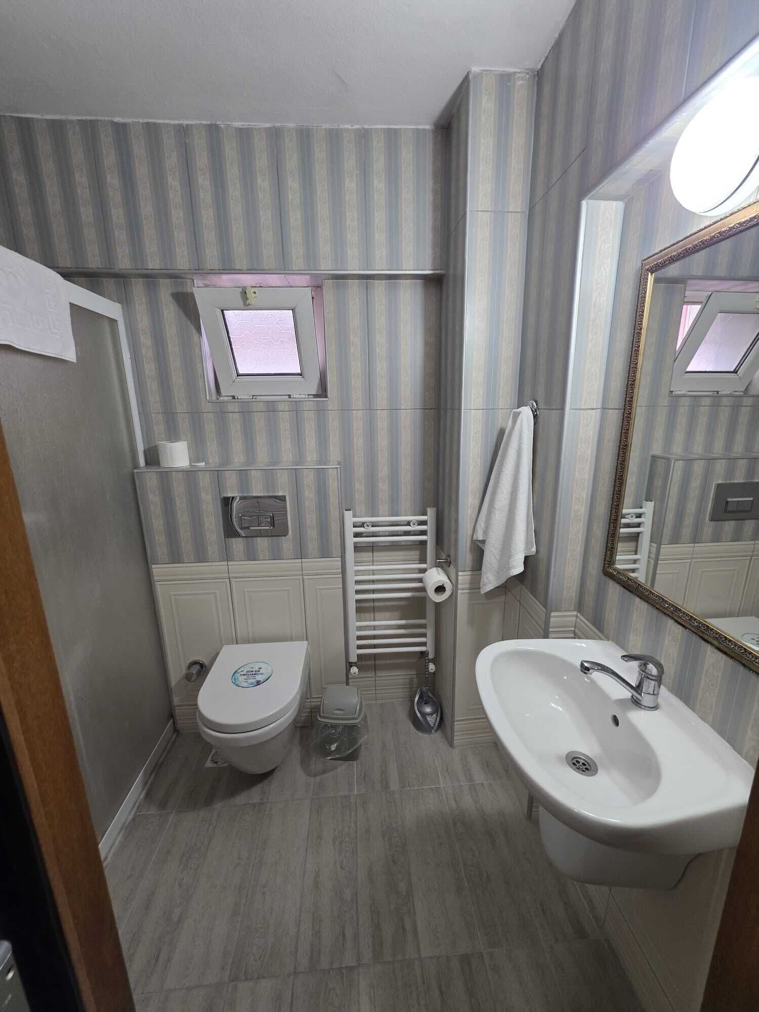 A bathroom with a toilet, sink, towel rack, and a mirror.