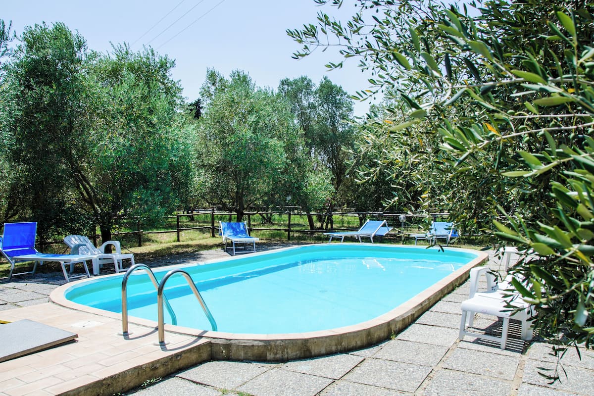 A rectangular swimming pool with a tiled deck, surrounded by trees and equipped with several lounge chairs.