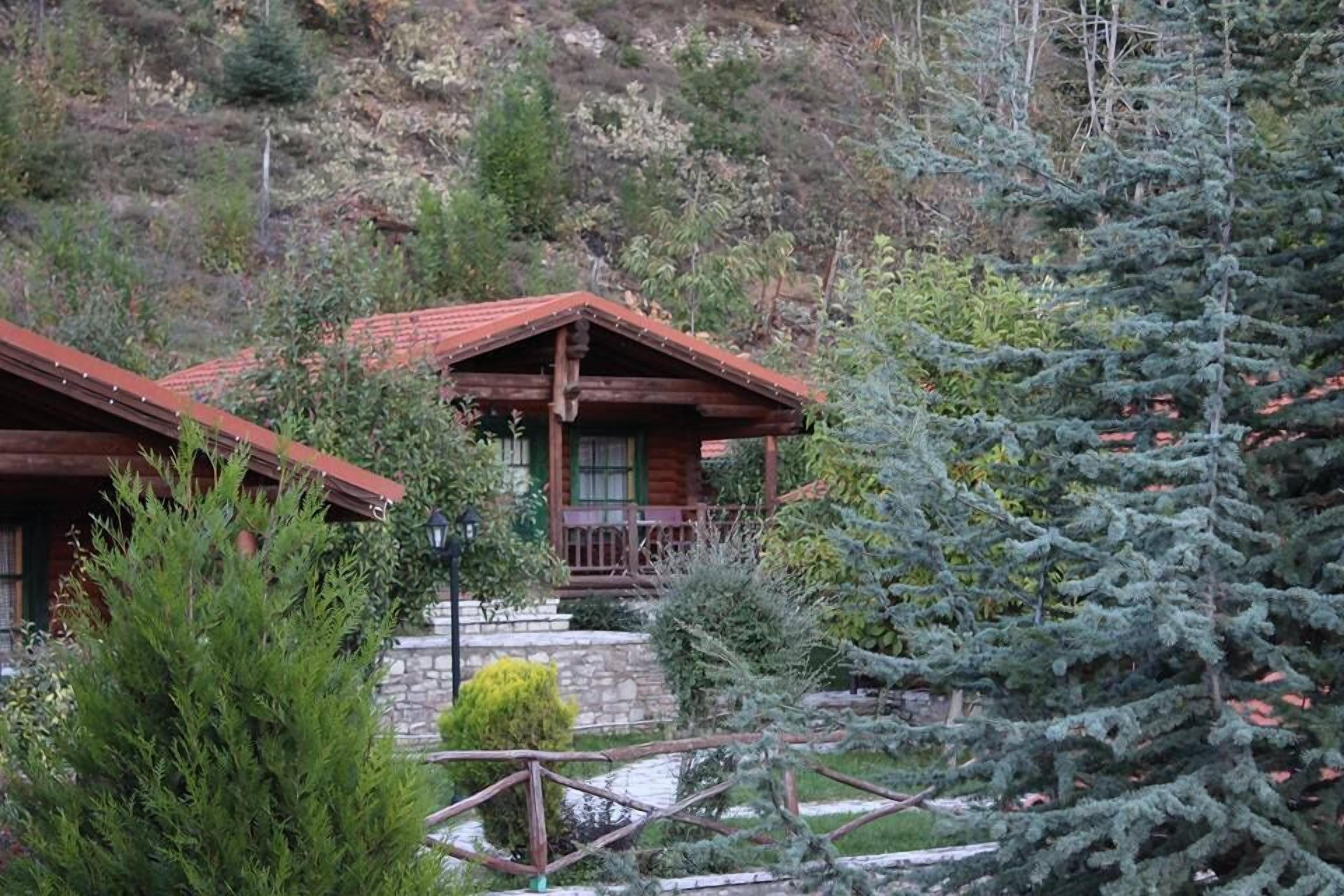 Une cabane en bois avec un toit rouge, entourée d’arbres à feuilles persistantes et bordée d’un sentier en pierre.