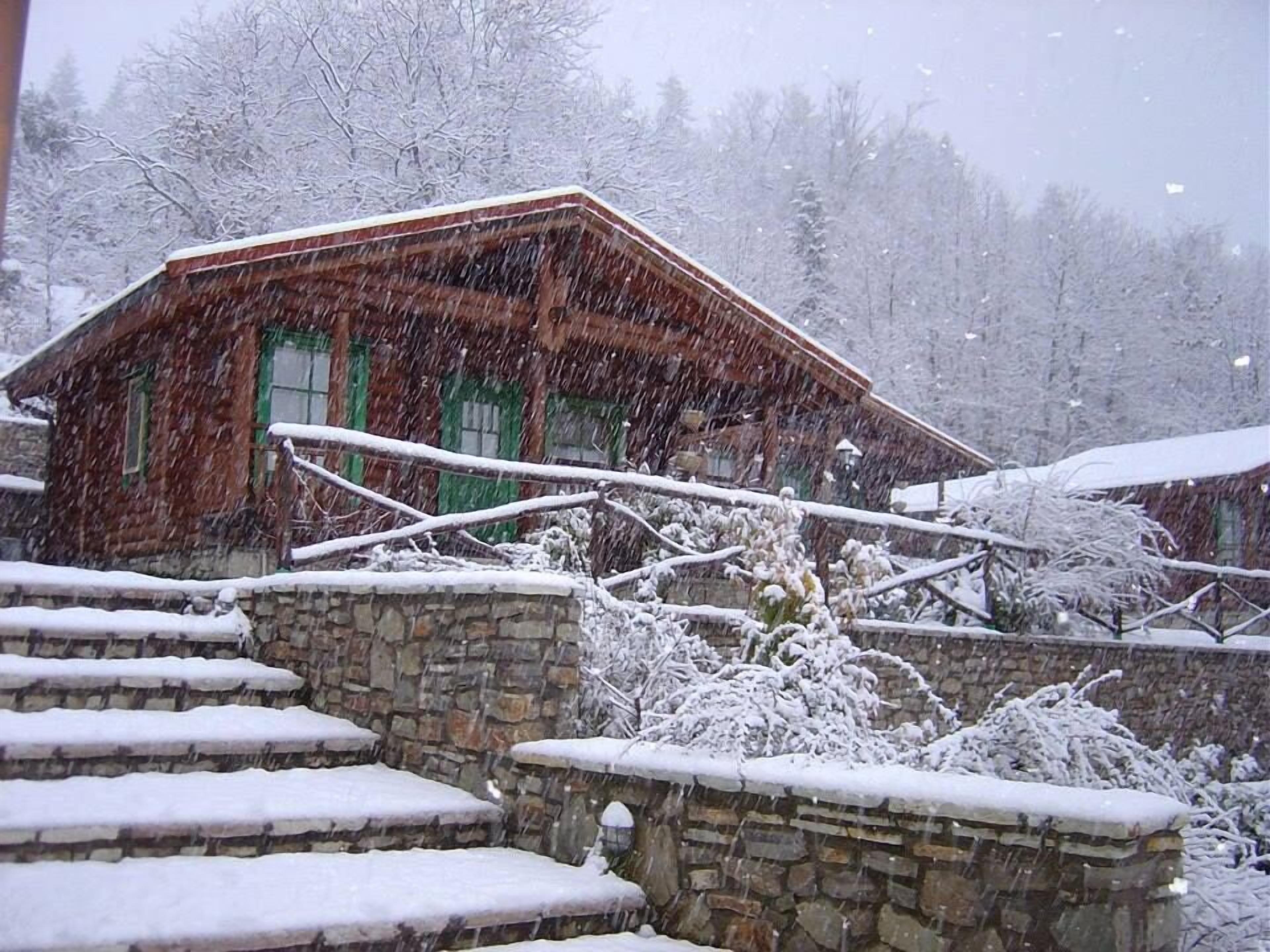 Une cabane en bois rustique, dotée d’un toit en pente, entourée d’arbres couverts de neige et d’un mur de pierres.
