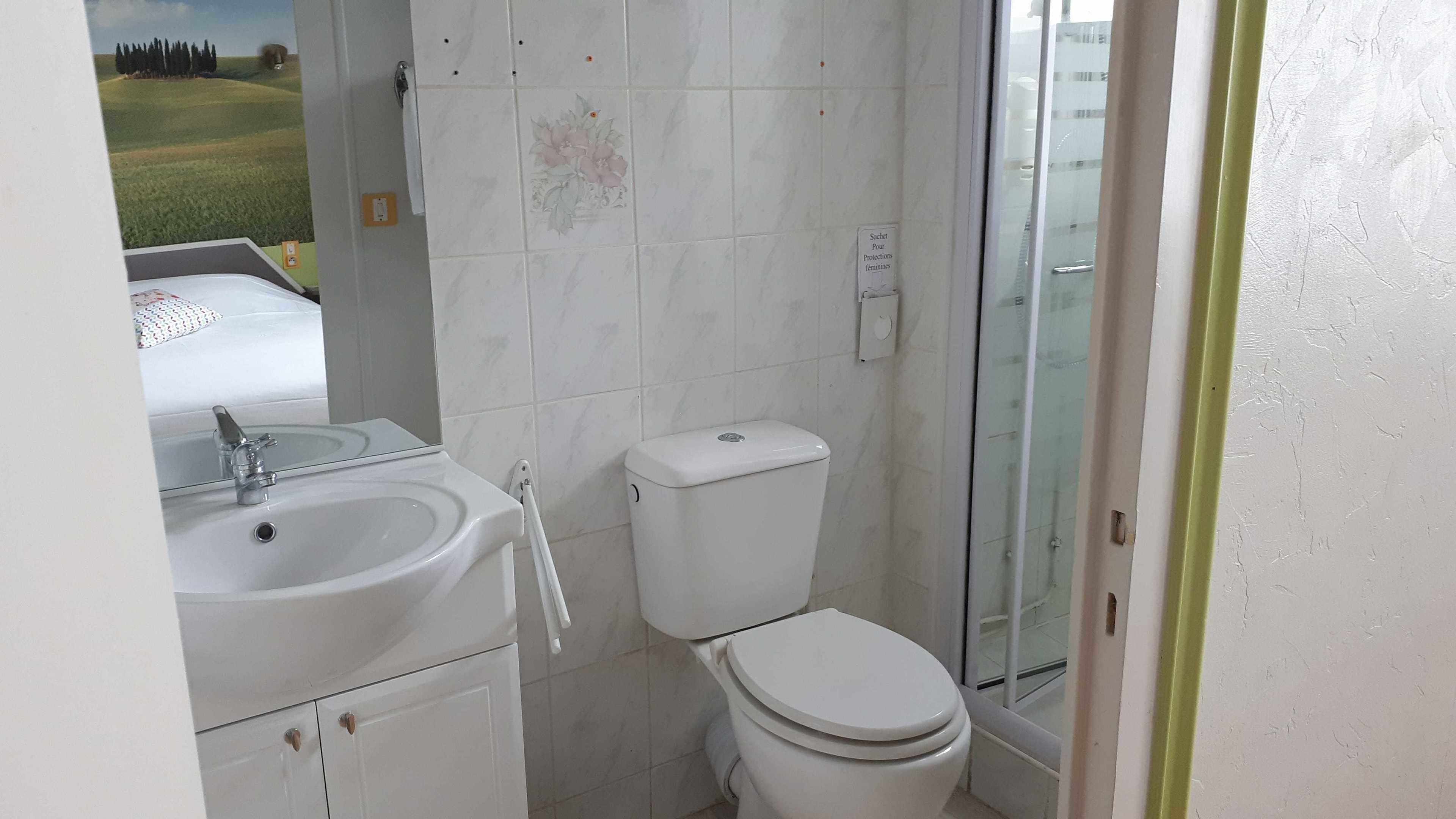 Une salle de bain avec des toilettes, un lavabo et une douche.