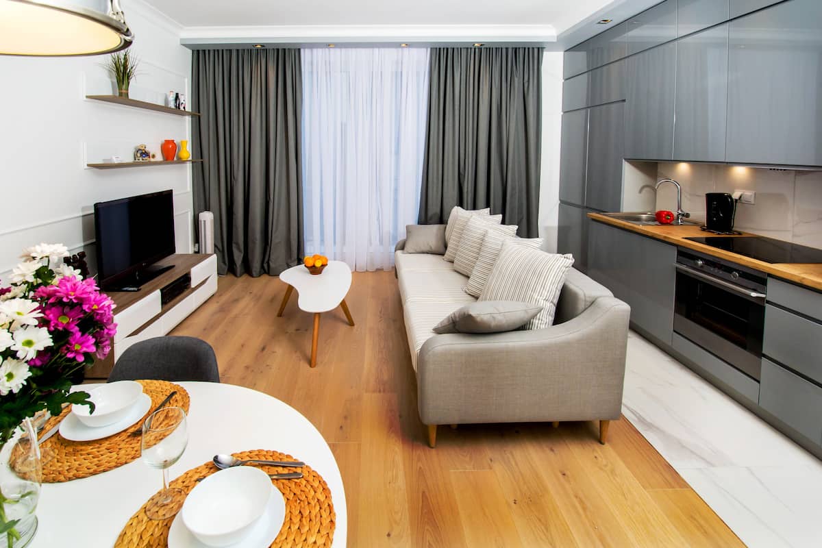 Een moderne woonkamer met een bank, een eettafel gedekt met borden en glazen, een televisie en een keuken met kastjes en een fornuis.