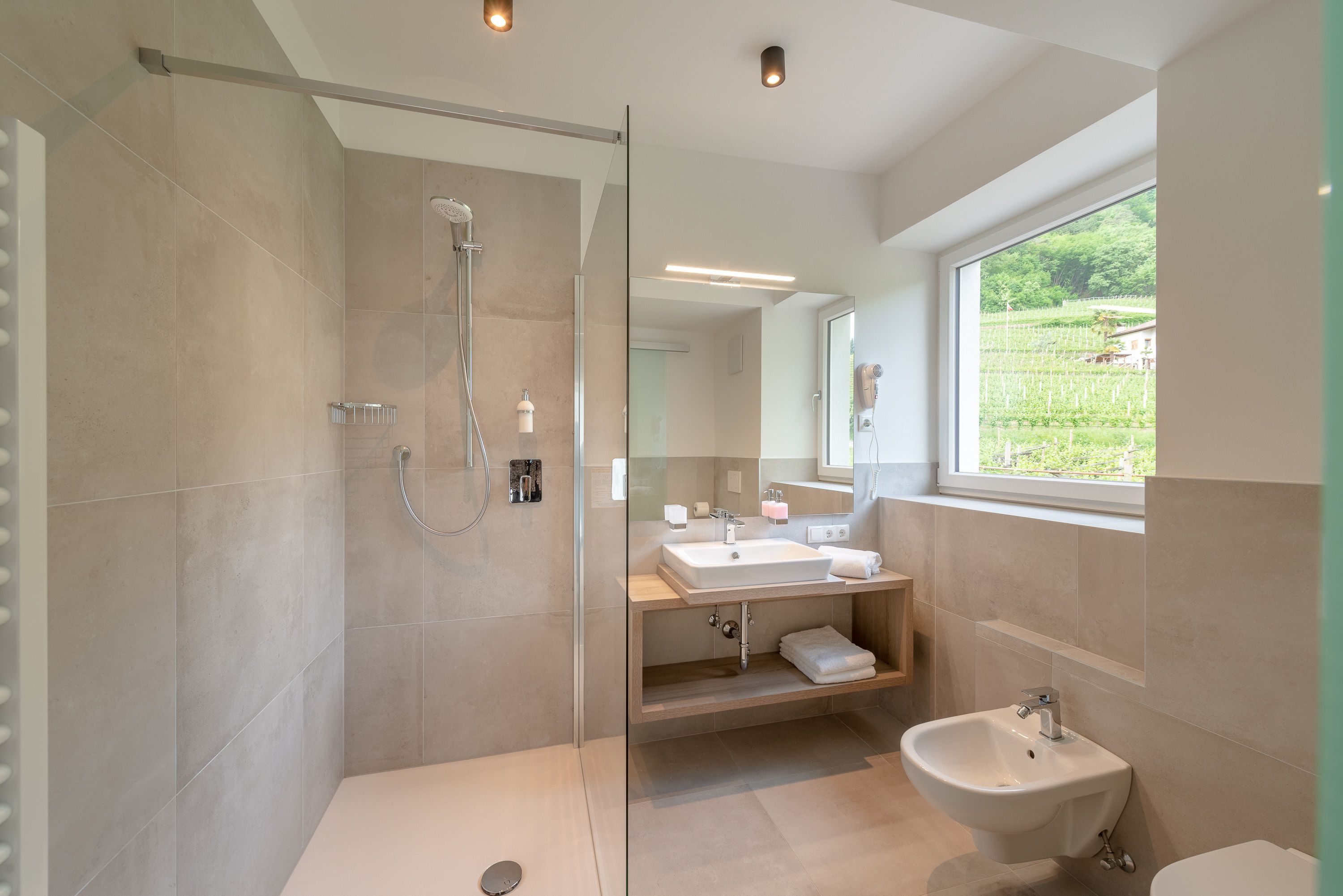A modern bathroom with a glass-enclosed shower, a sink, and a bidet.