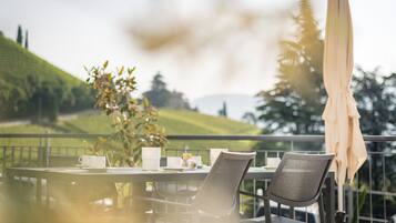 A table with chairs and a table umbrella on a balcony overlooking a green landscape.