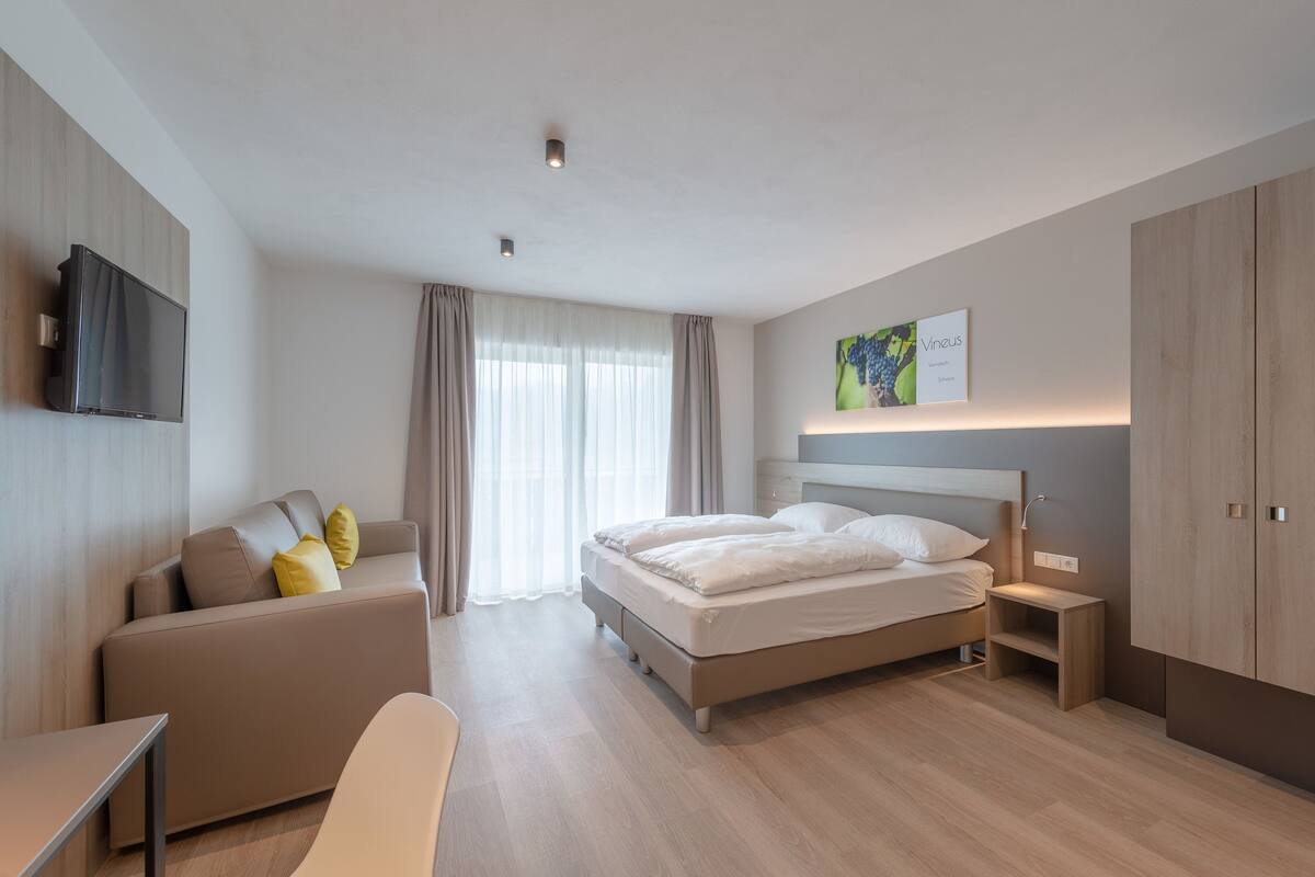 A modern hotel room with a bed, a sofa, a TV, and a desk.