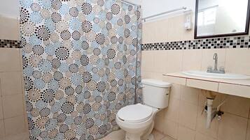 Shower, free toiletries, towels, soap