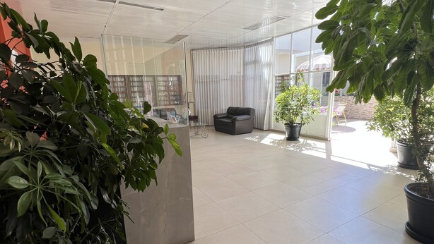 A modern hotel lobby with a 'BIENVENIDO' welcome mat, potted plants, a seating area, and a glass partition. - Hotel Tito (Arequipa)