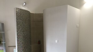 A bedroom with a bed, a shower area with a tiled wall, and a wooden floor. - Le Colombier de la Graverie (Senots)