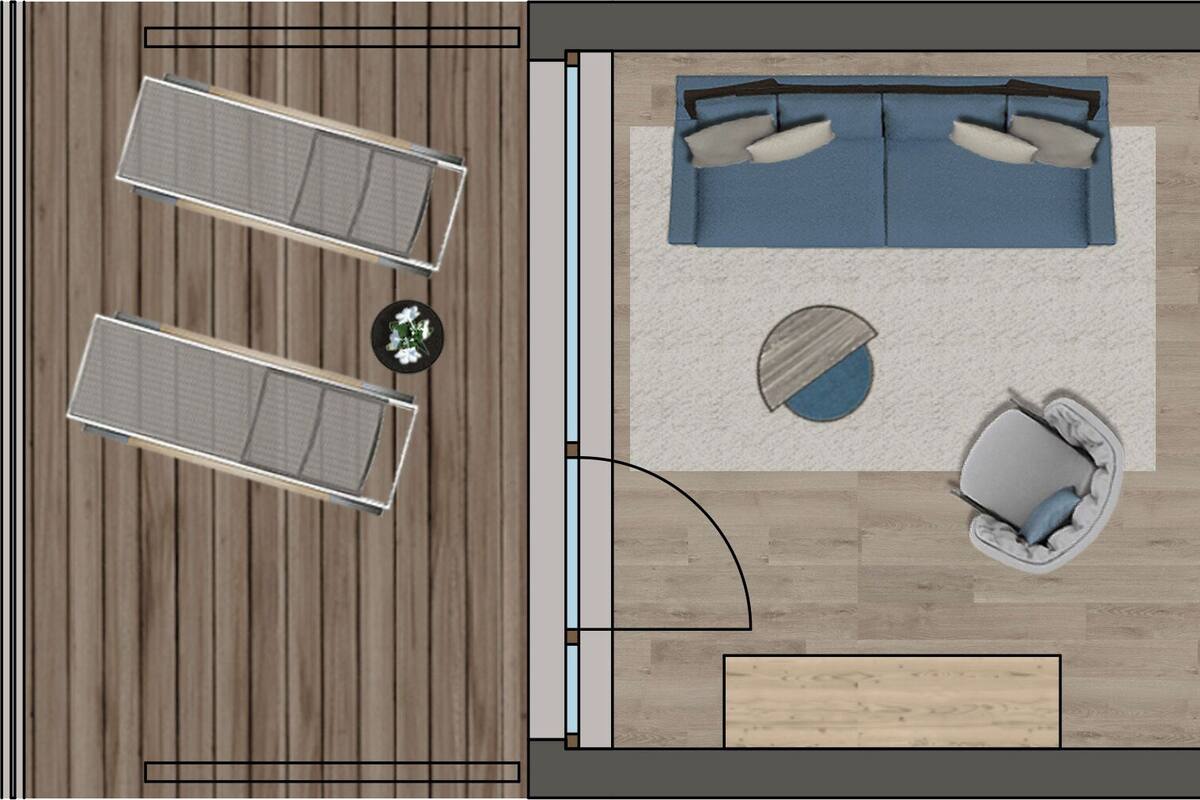 Un plan d’aménagement de chambre d’hôtel comprenant un lit, un coin salon et une salle de bain.