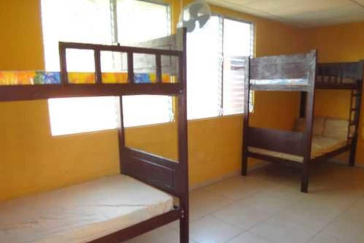 A room with two bunk beds, a window with blinds, and a ceiling fan.