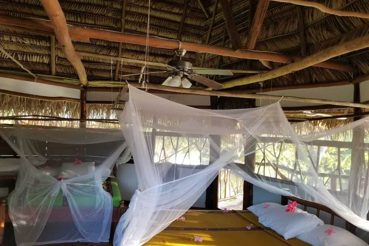 A room with a bed covered by a mosquito net, a ceiling fan, and a thatched roof.