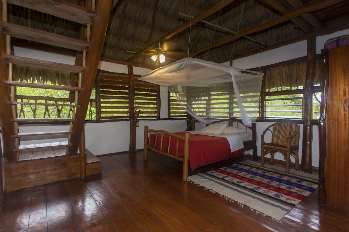 A wooden room with a bed, a chair, a window with a view of greenery, and a staircase.