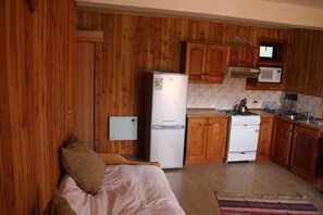 Standard Apartment, 1 Bedroom | Private kitchen | Full-size fridge, microwave, oven, stovetop - Cabañas Rucalil (Pucón)