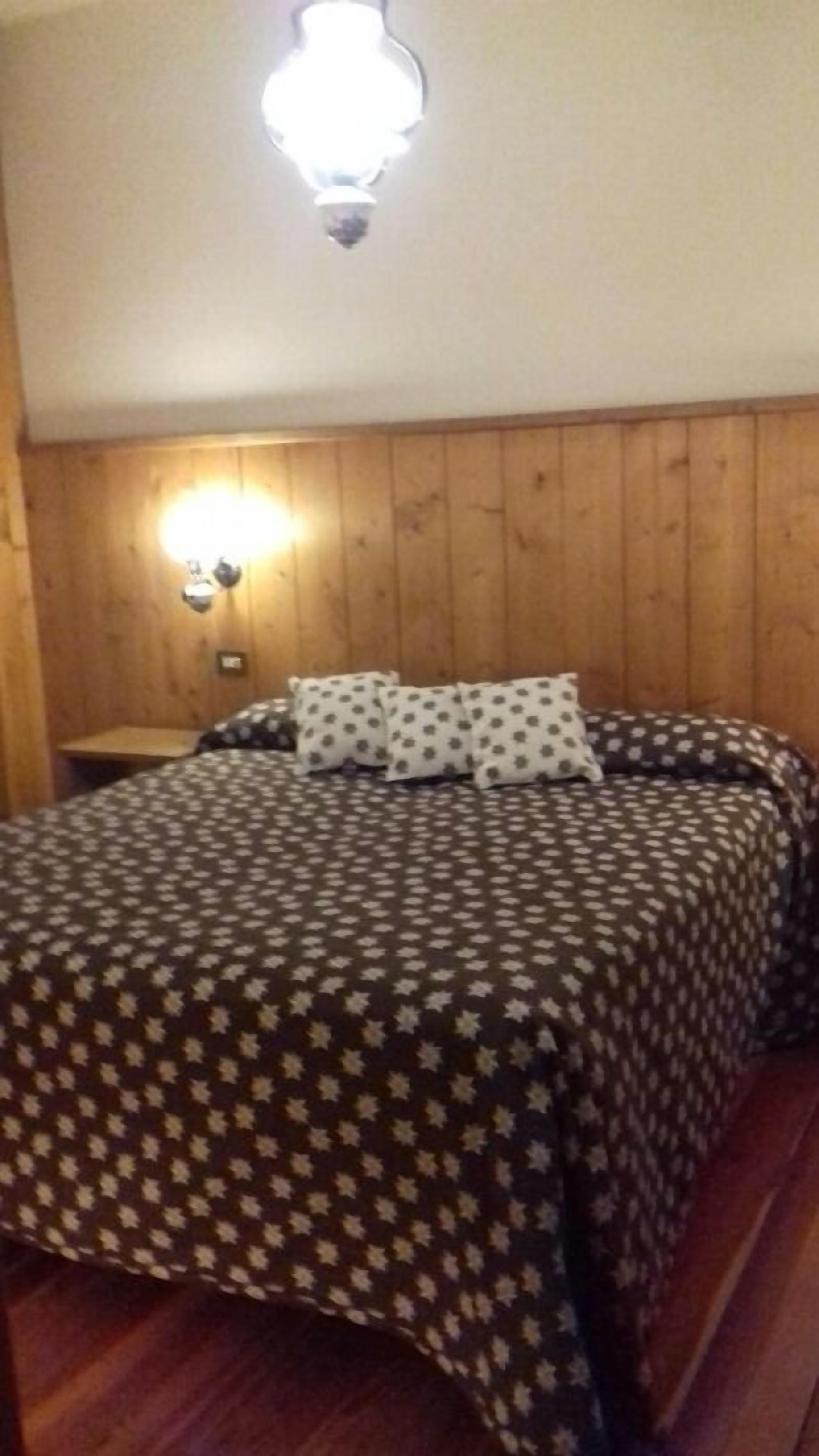 A wooden-paneled room with a bed, a nightstand, and a wall-mounted light fixture.