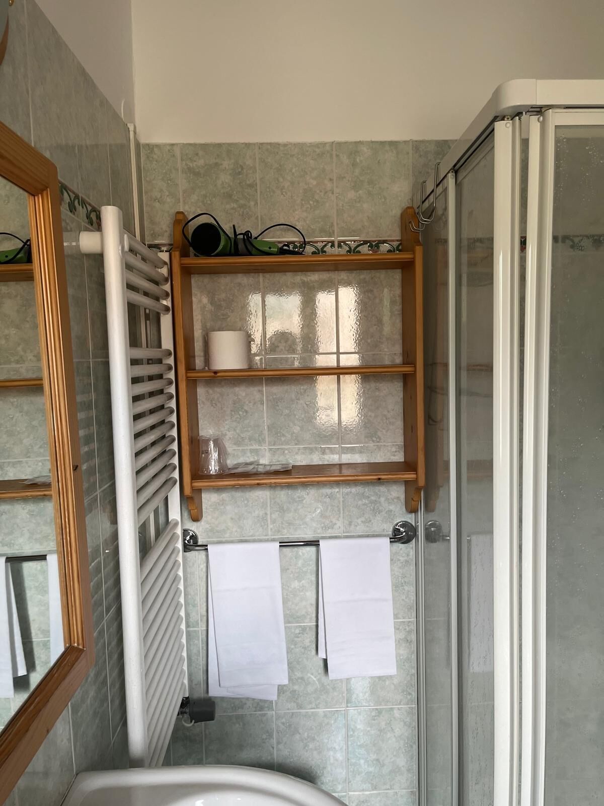 A bathroom with a shower, a towel rack, a toilet, and a mirror.