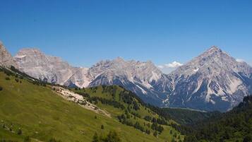 A mountainous landscape with a valley and a small settlement.
