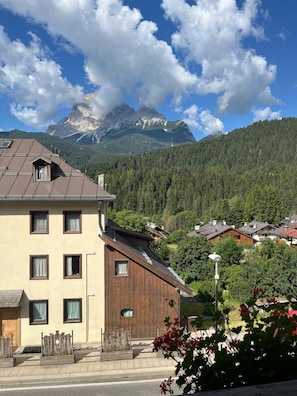 Un bâtiment doté de nombreuses fenêtres et d’un toit en pente, entouré d’une végétation luxuriante et avec des montagnes en arrière-plan.