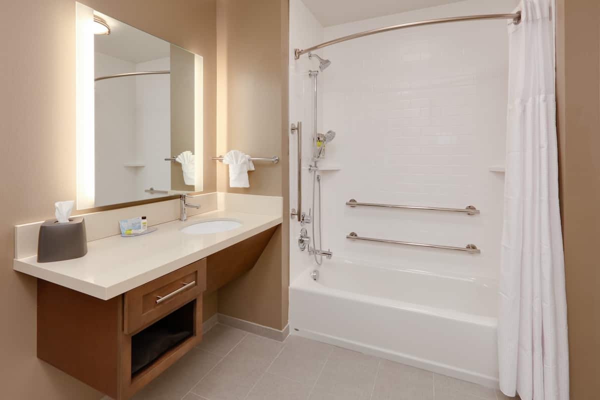 combined shower/bathtub, free toiletries, hair dryer, towels