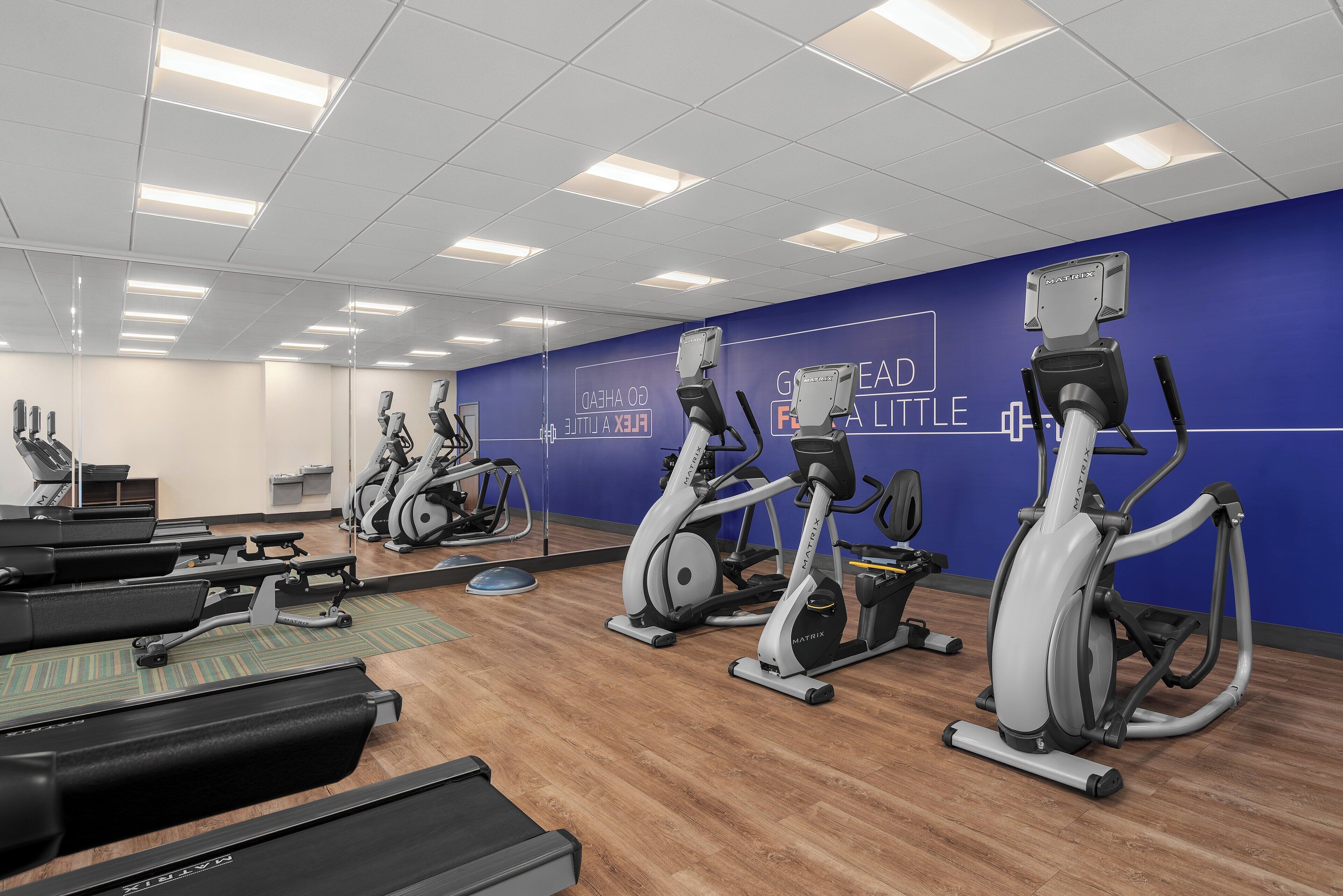 A gym with treadmills, stationary bikes, and elliptical machines.