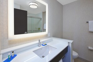 A bathroom with a white sink, a mirror, and a toilet. - Holiday Inn Express Auburn Hills South by IHG (Auburn Hills)