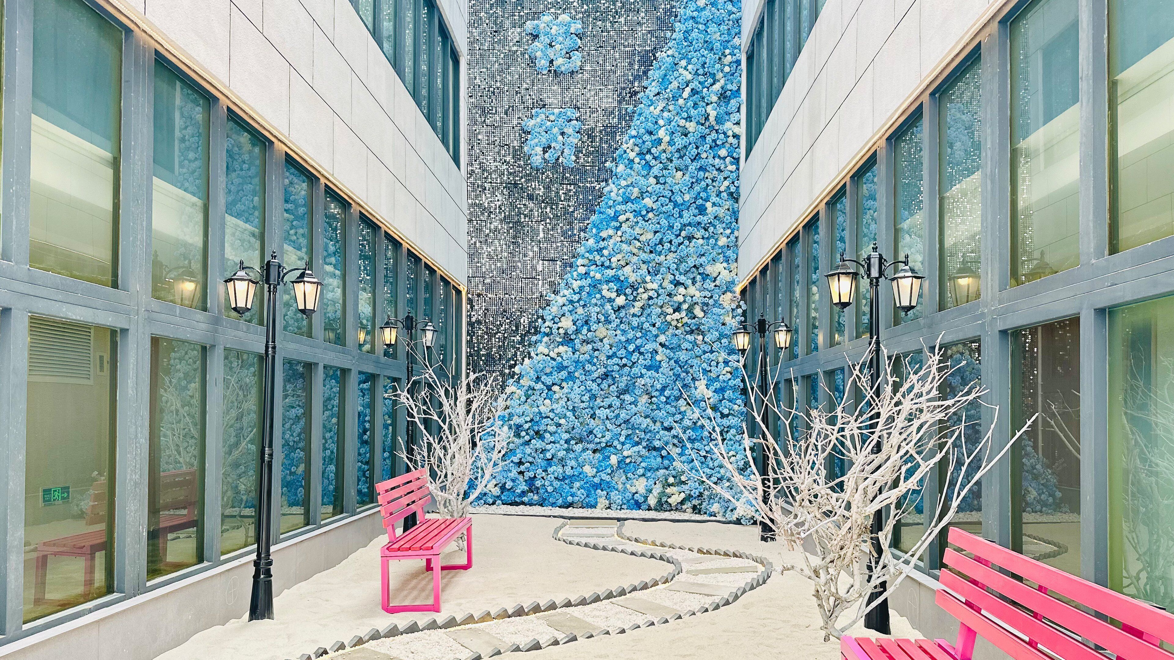 A building with large windows, a central blue floral wall, and two benches.