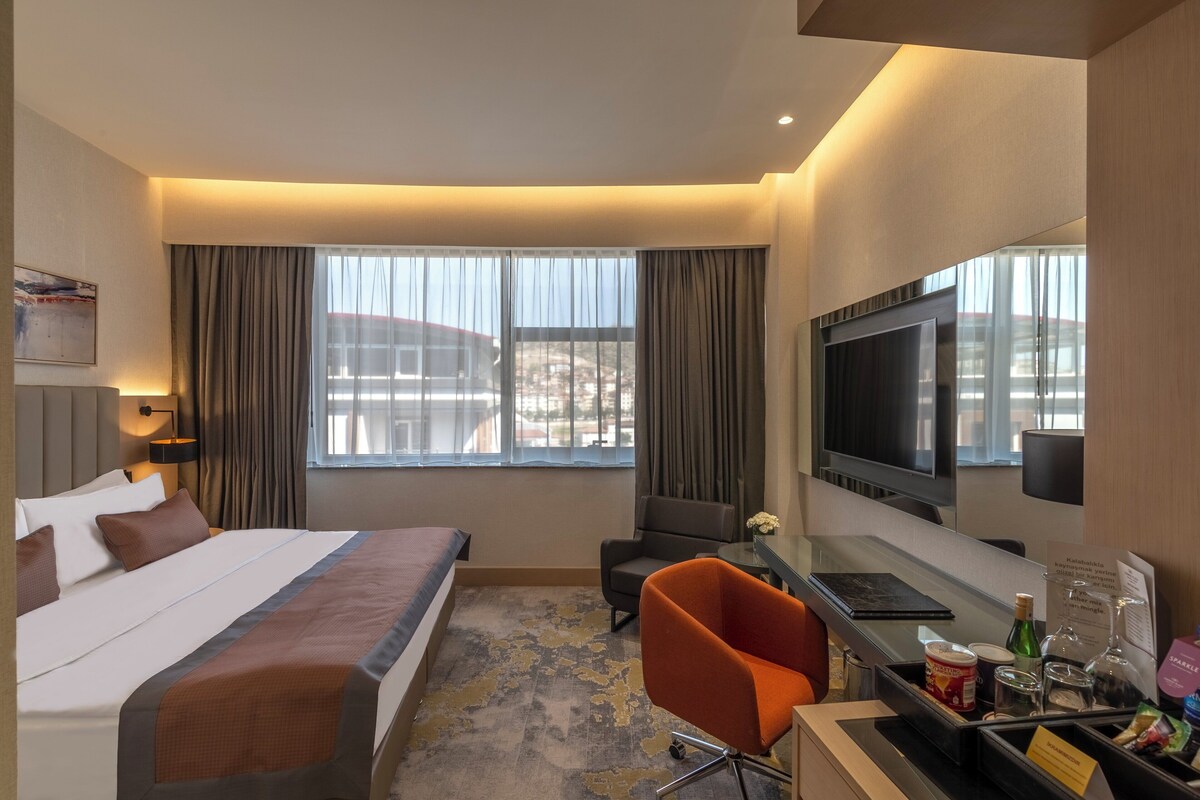 Een hotelkamer met een bed, een bureau met een computer, een stoel, een televisie en een raam met gordijnen.