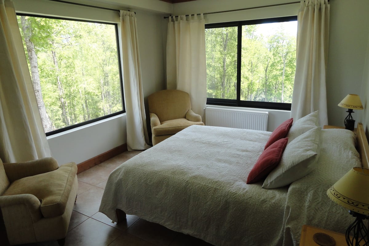 Une chambre à coucher avec un grand lit, une chaise, une fenêtre avec des rideaux et une lampe.