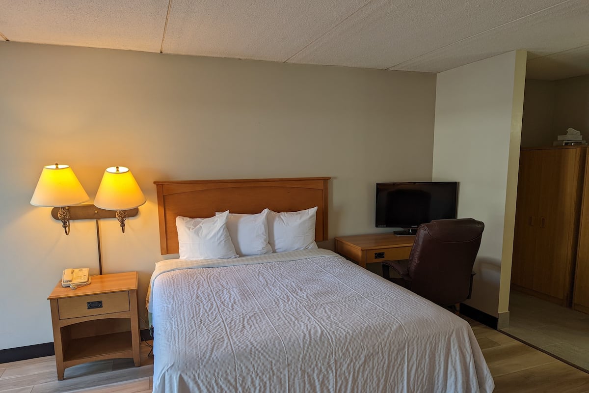 A hotel room with a bed, a nightstand with a lamp, a television, a chair, and a wardrobe.