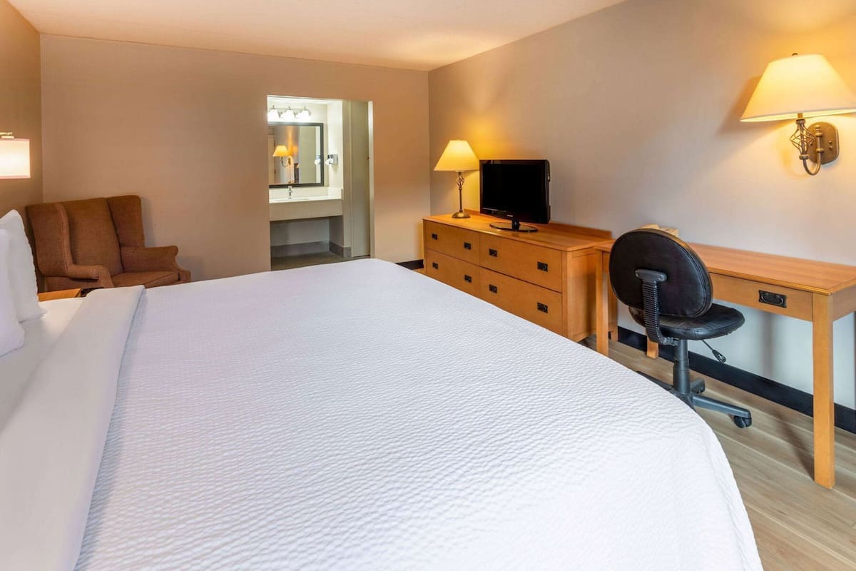 A hotel room with a large bed, a desk with a chair, a television, and a lamp.