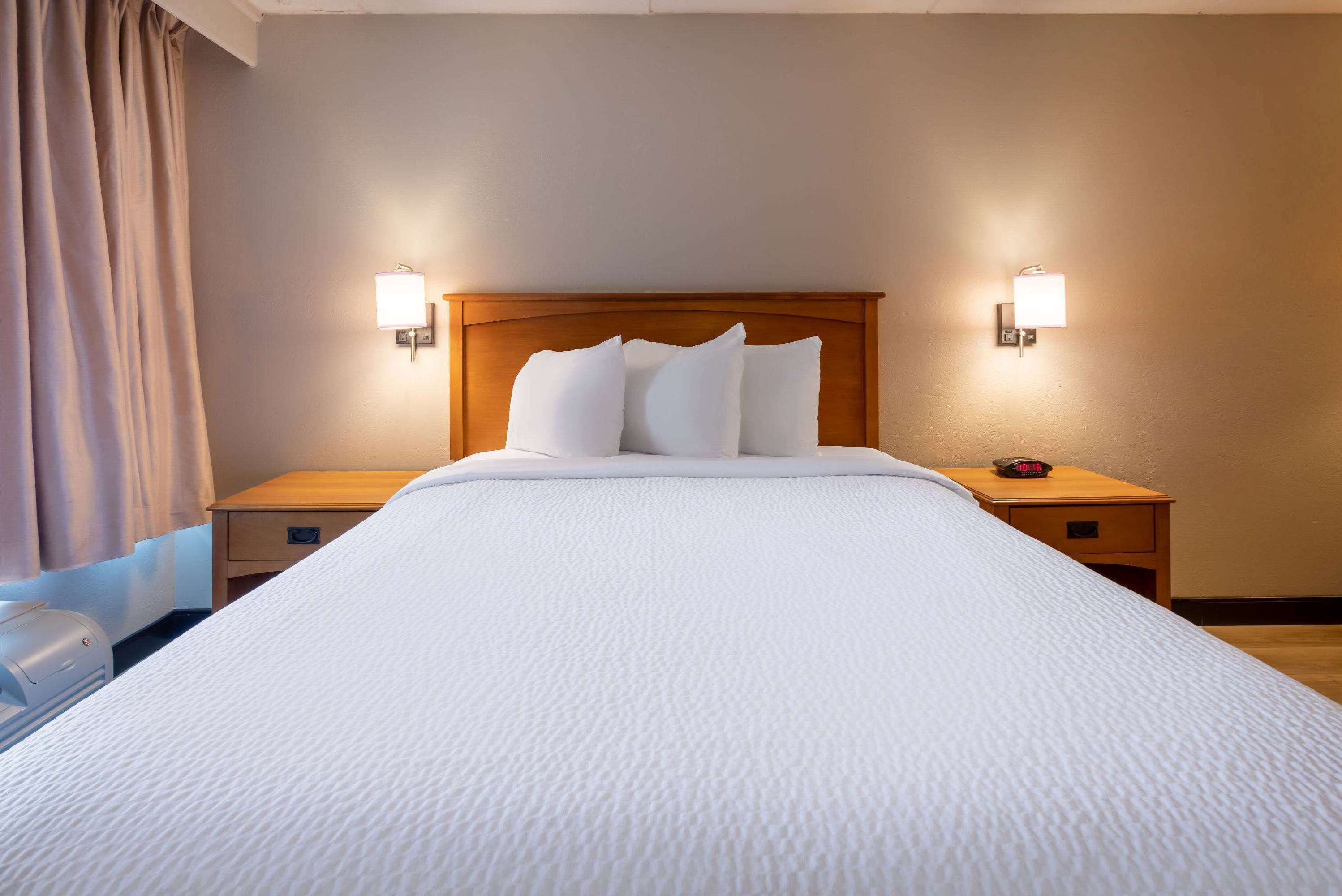 A hotel room with a large bed, two bedside tables, a nightstand, and a wall-mounted lamp.
