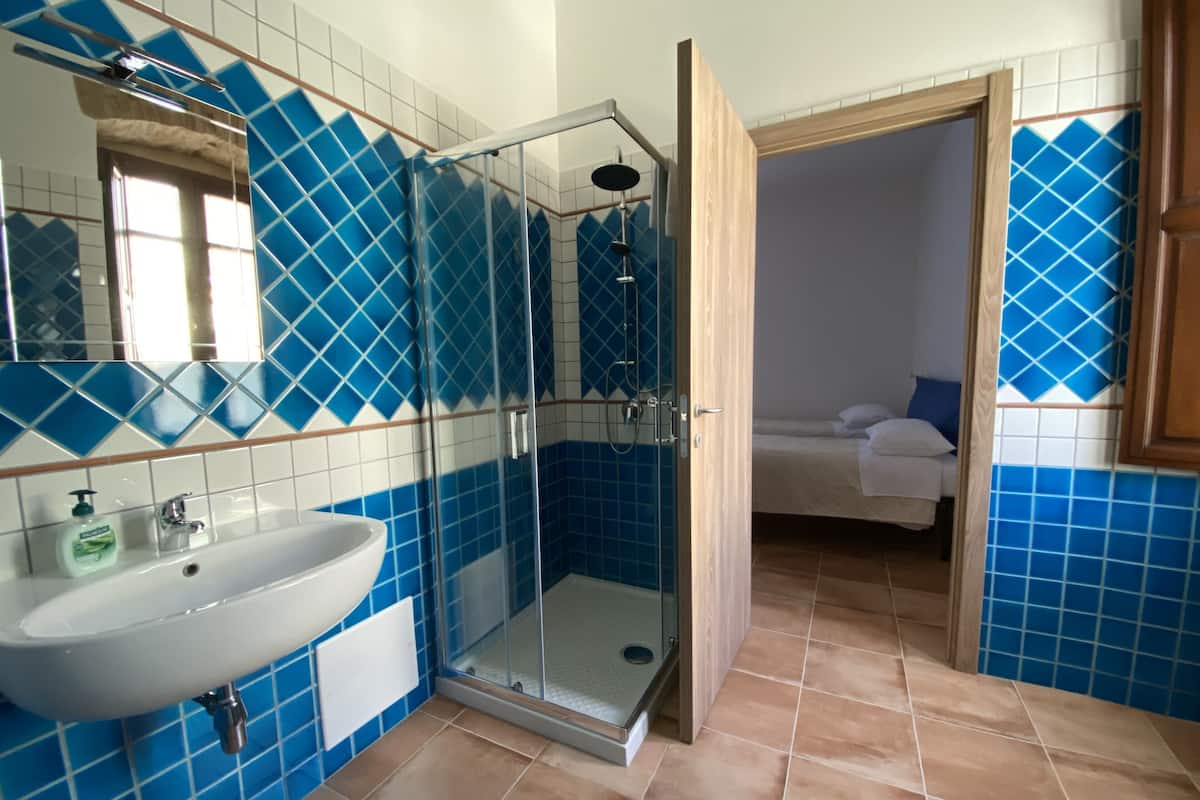 Une salle de bain avec une douche à parois en verre, un lavabo et un miroir.