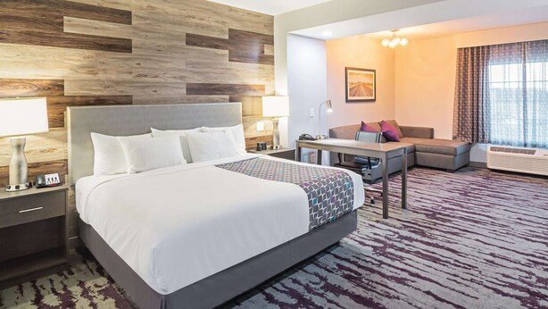 Una habitación de hotel con una cama grande, un escritorio, un sofá y vistas a la ciudad.