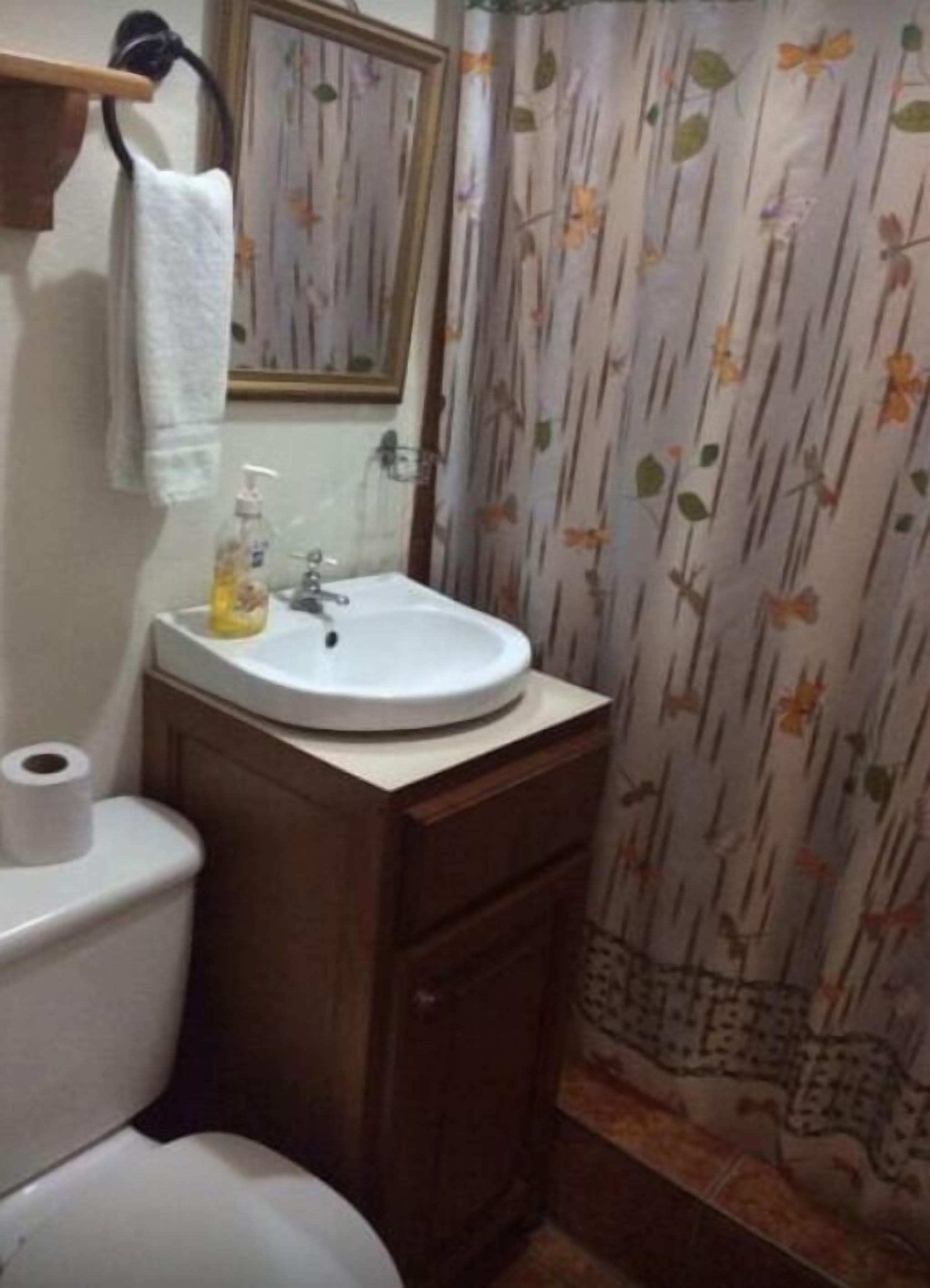 A bathroom with a white sink, toilet, and wooden cabinet.