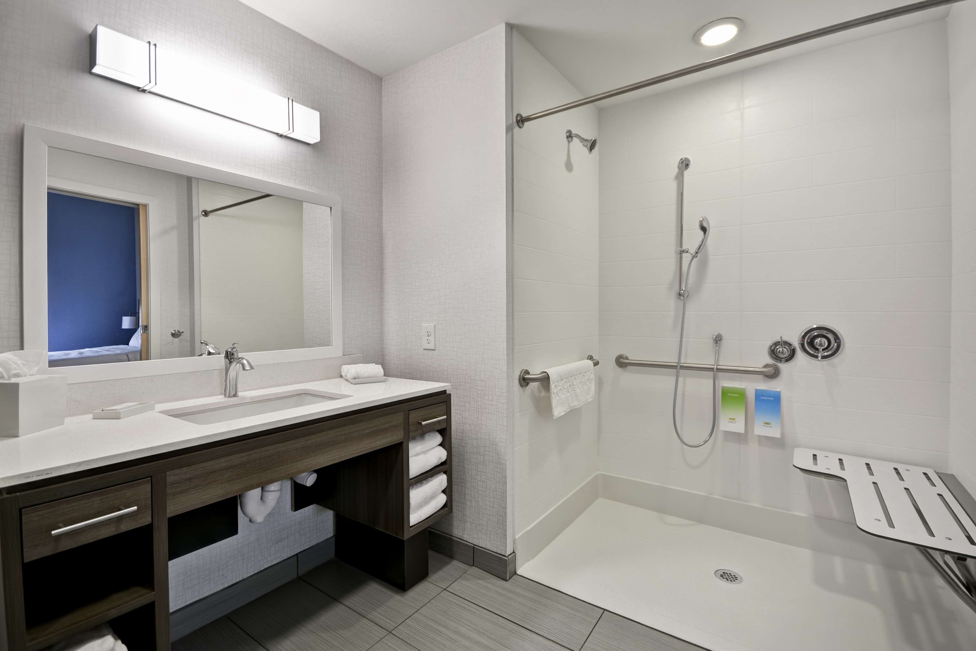 suite, 1 king bed, accessible (mobility & hearing, roll-in shower) | bathroom | free toiletries, towels