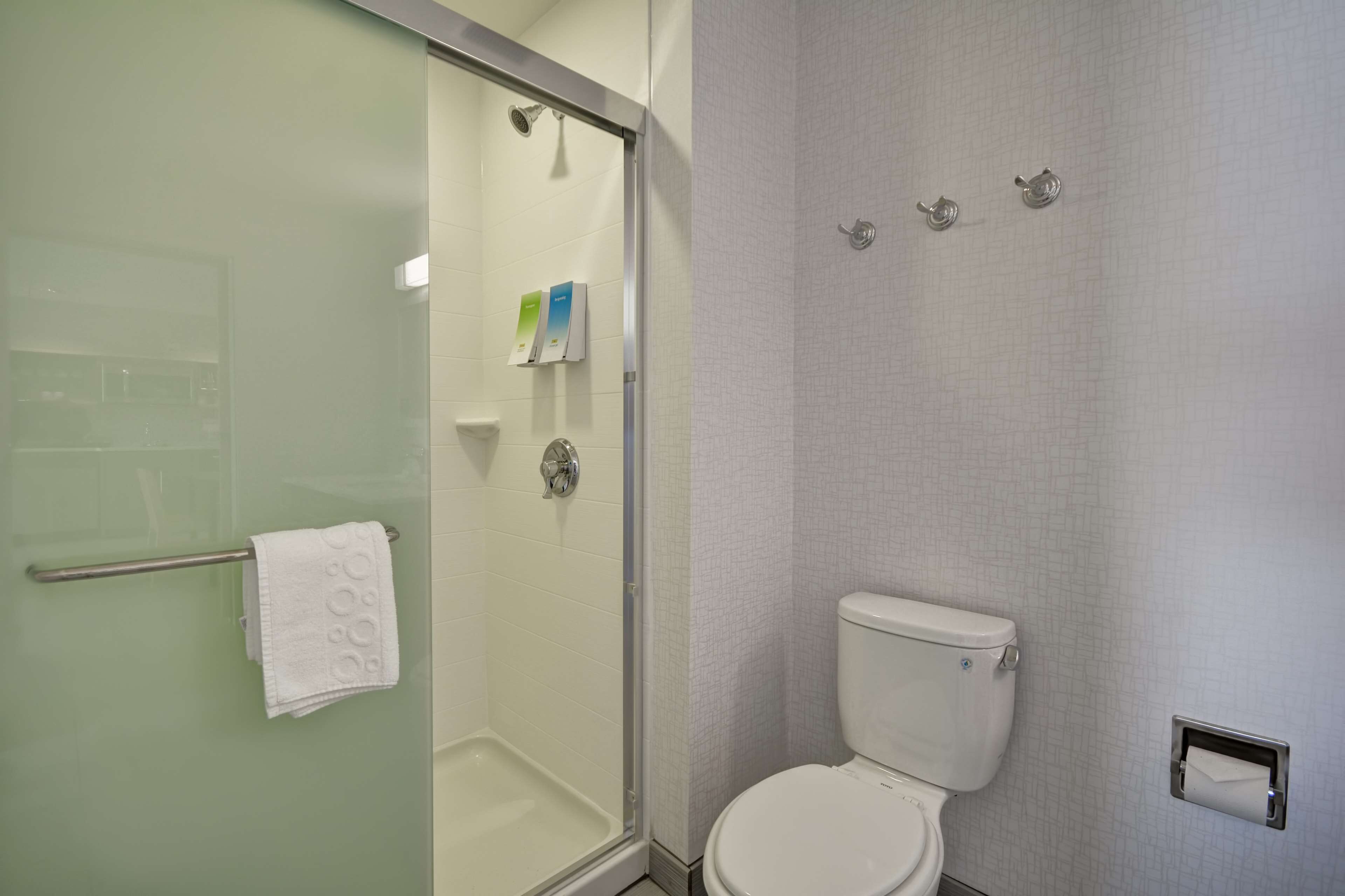 A bathroom with a glass shower enclosure, a white toilet, and a towel rack with a white towel.
