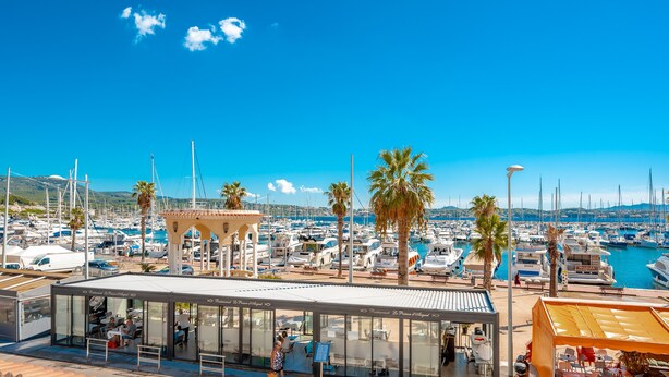 A marina with boats, palm trees, and a glass-roofed restaurant.