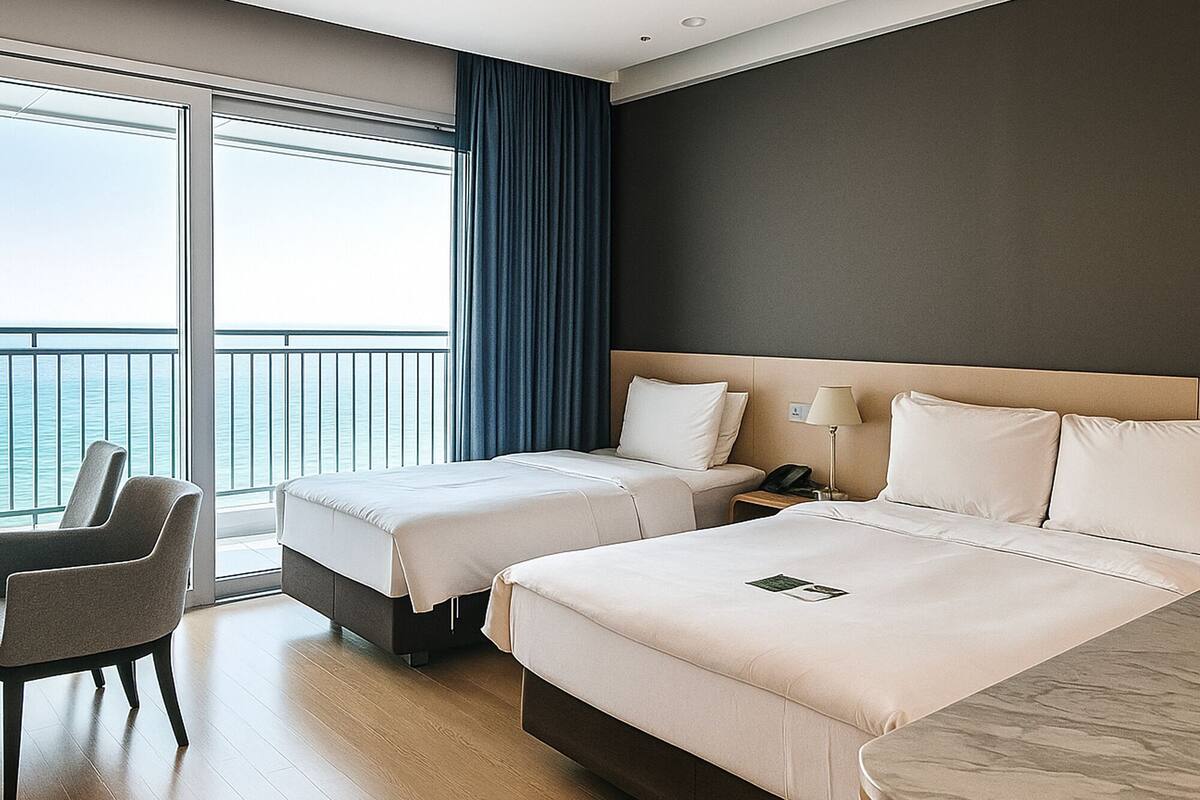 A hotel room with two beds, a desk, a chair, and a view of the sea.