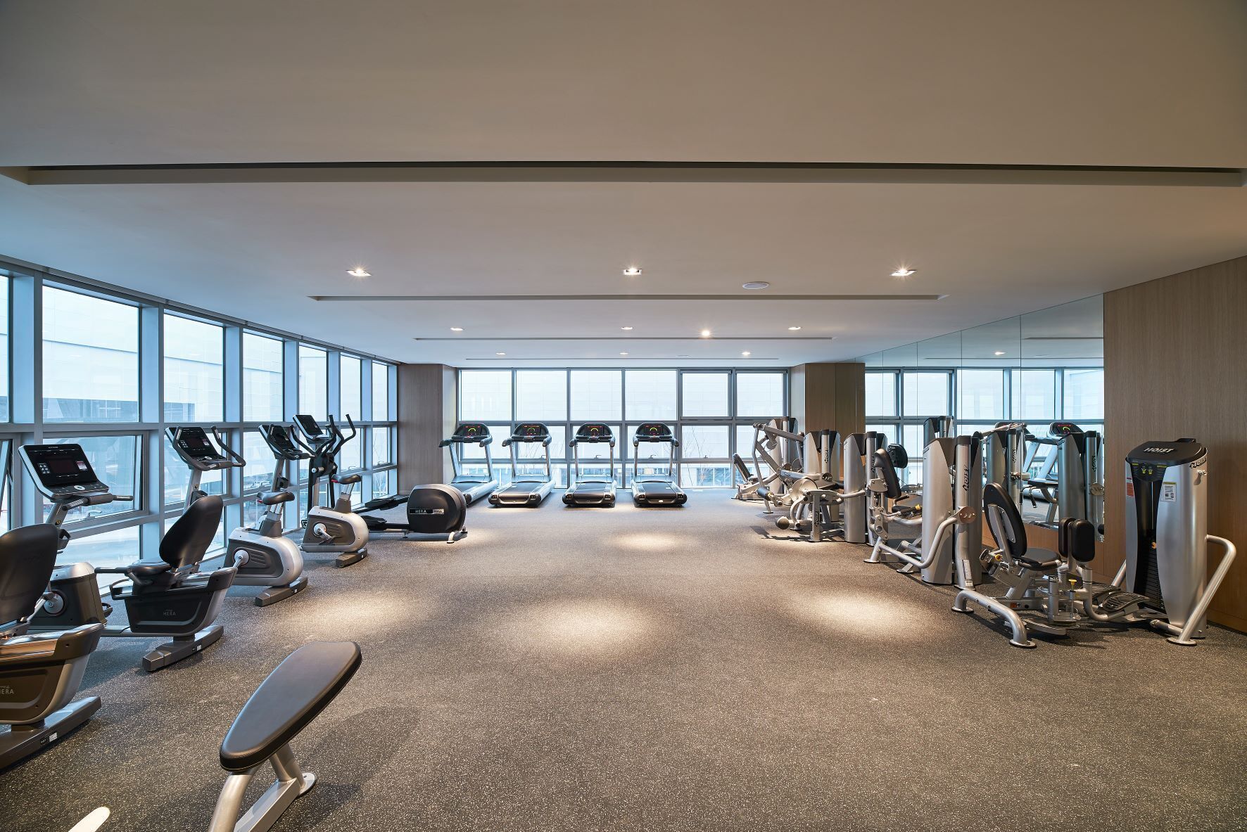 Et fitnesscenter med løbebånd, crosstrainere og styrkeudstyr.