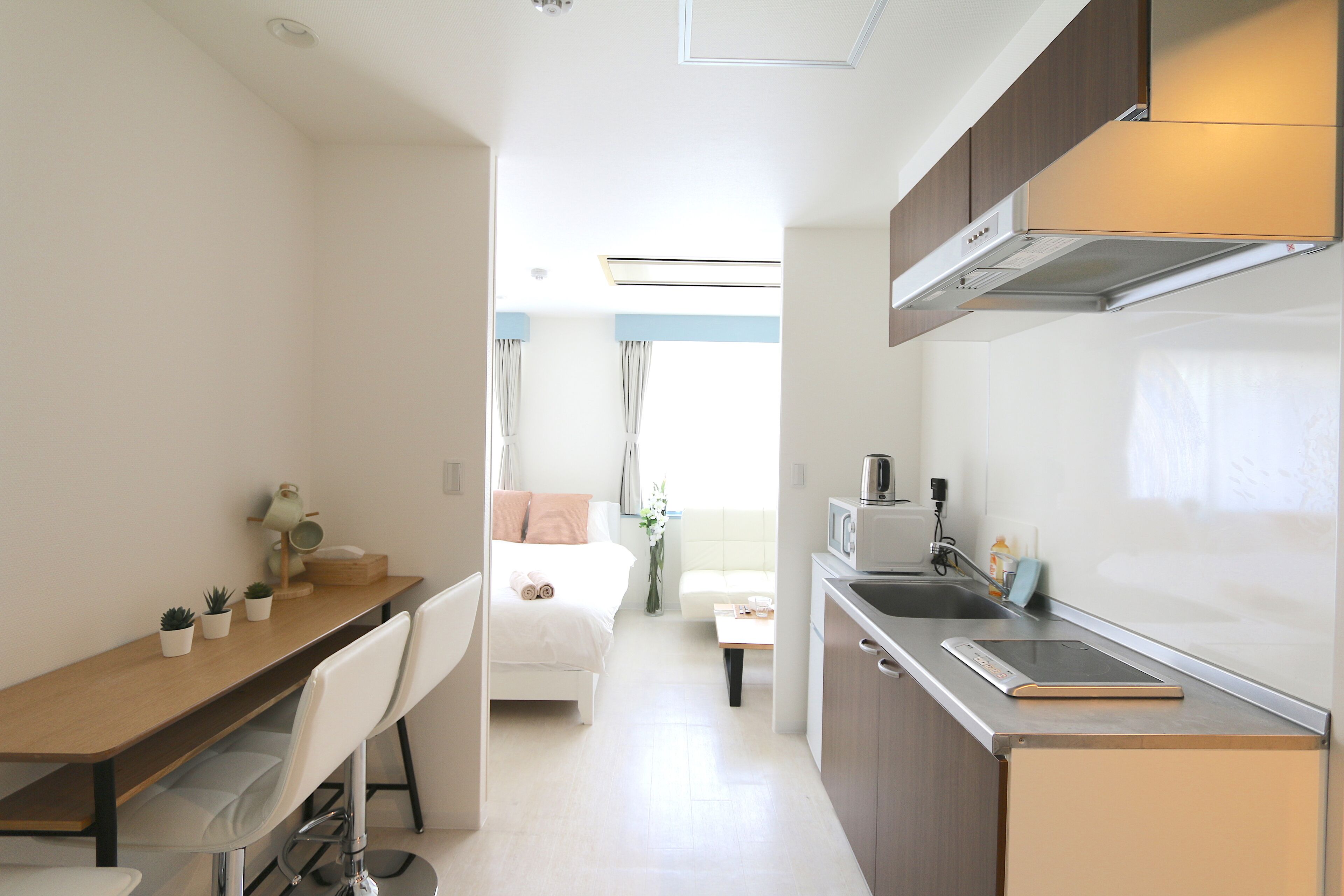 Full-sized fridge, microwave, stovetop, electric kettle