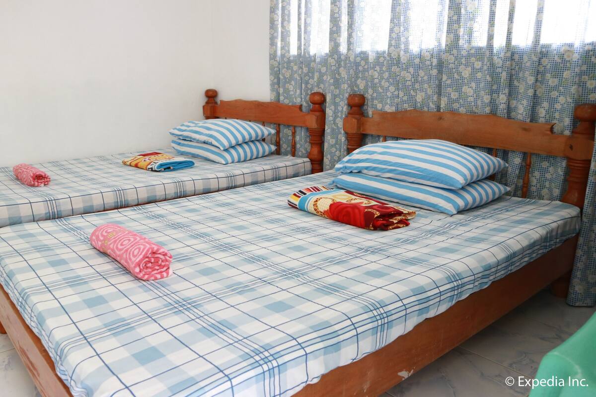 Dos camas individuales con cabeceros de madera, ropa de cama a cuadros azul y blanco, y almohadas a rayas.