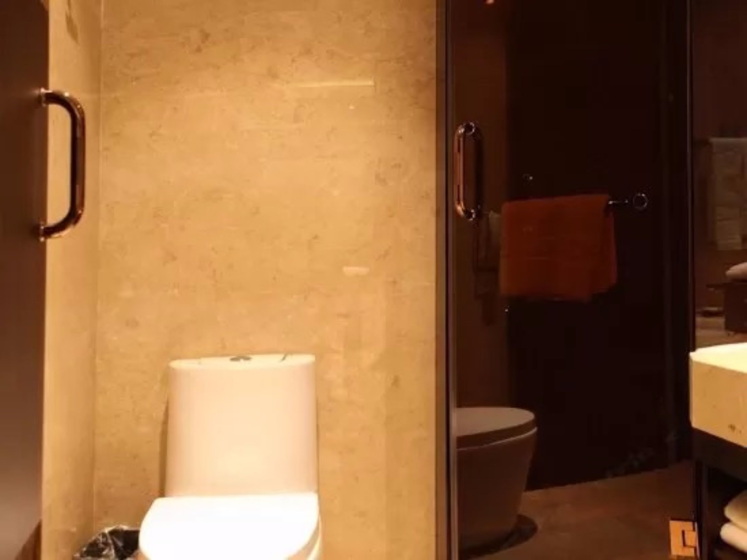 A bathroom with a glass shower enclosure, a toilet, and a sink with a towel hanging on the door.