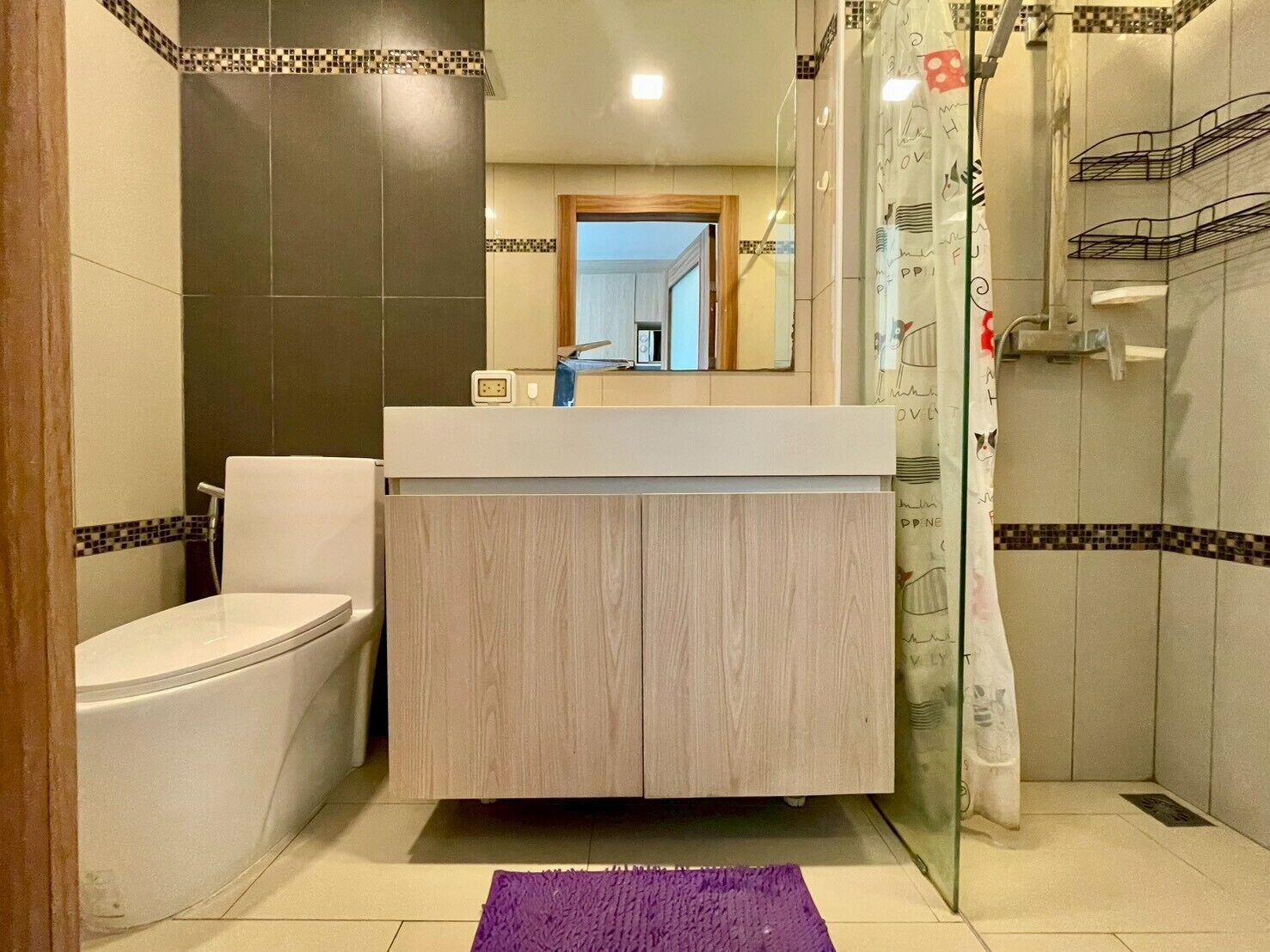 Une salle de bain comprenant des toilettes, un lavabo avec un miroir et un espace douche.