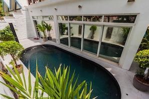 A modern house with a swimming pool, large windows, and potted plants.