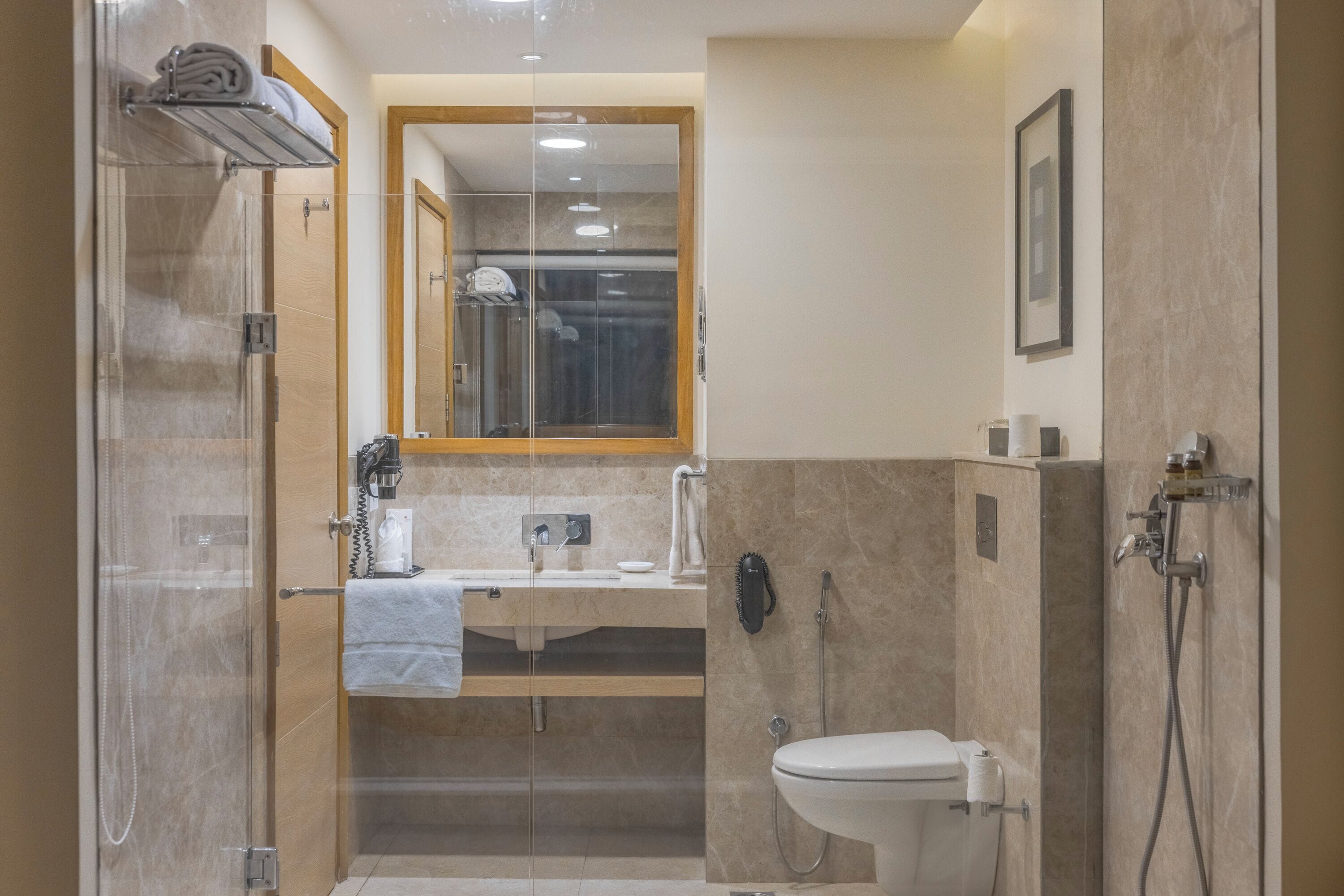 Une salle de bain moderne avec une douche à parois de verre, un lavabo avec un miroir au-dessus et des toilettes.
