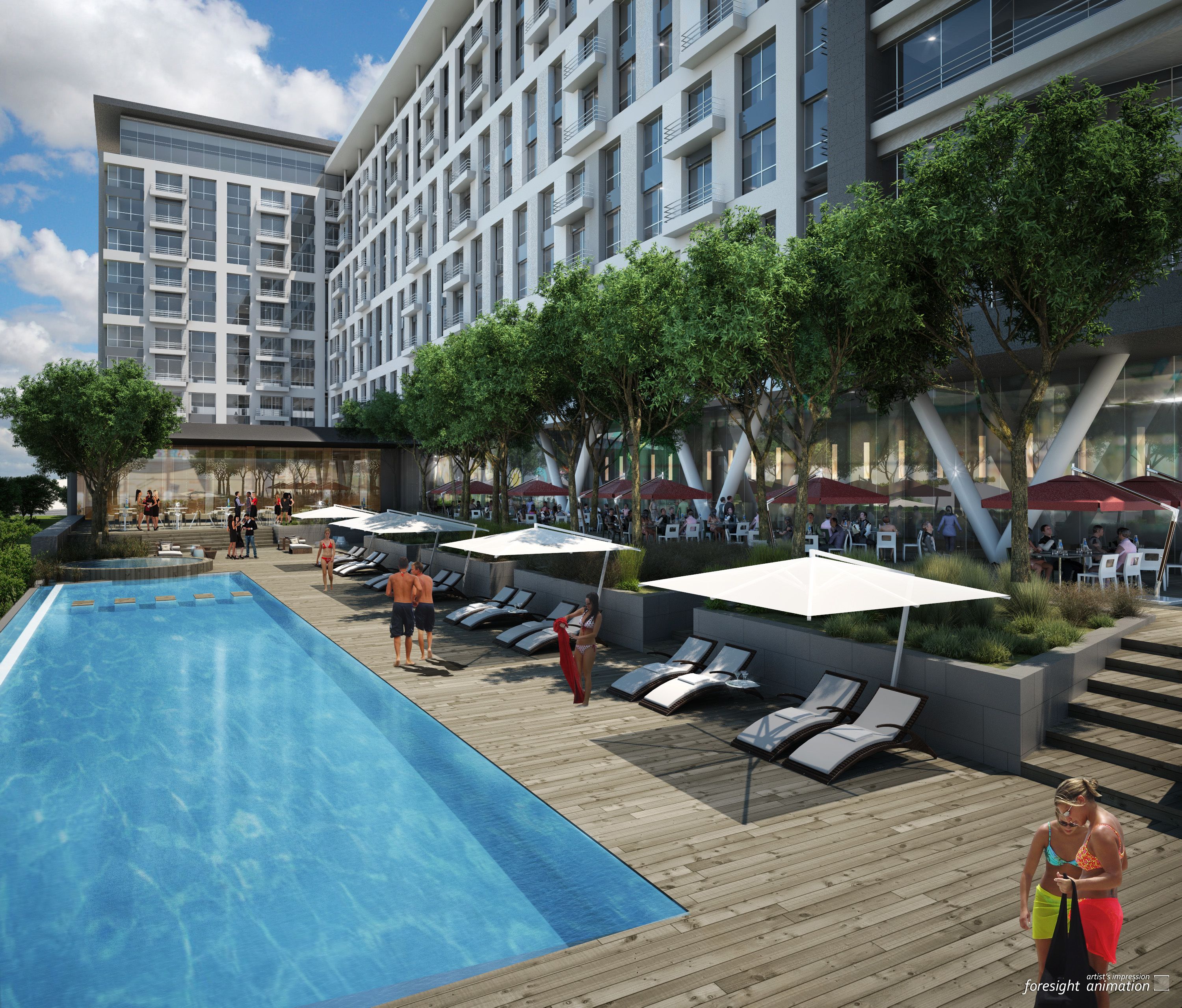 Un hotel moderno con piscina en la azotea, zona de estar al aire libre y comedor con sombrillas.