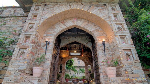 An arched stone entrance with potted plants and string lights. - Fort Dadhikar, Alwar (Alwar)