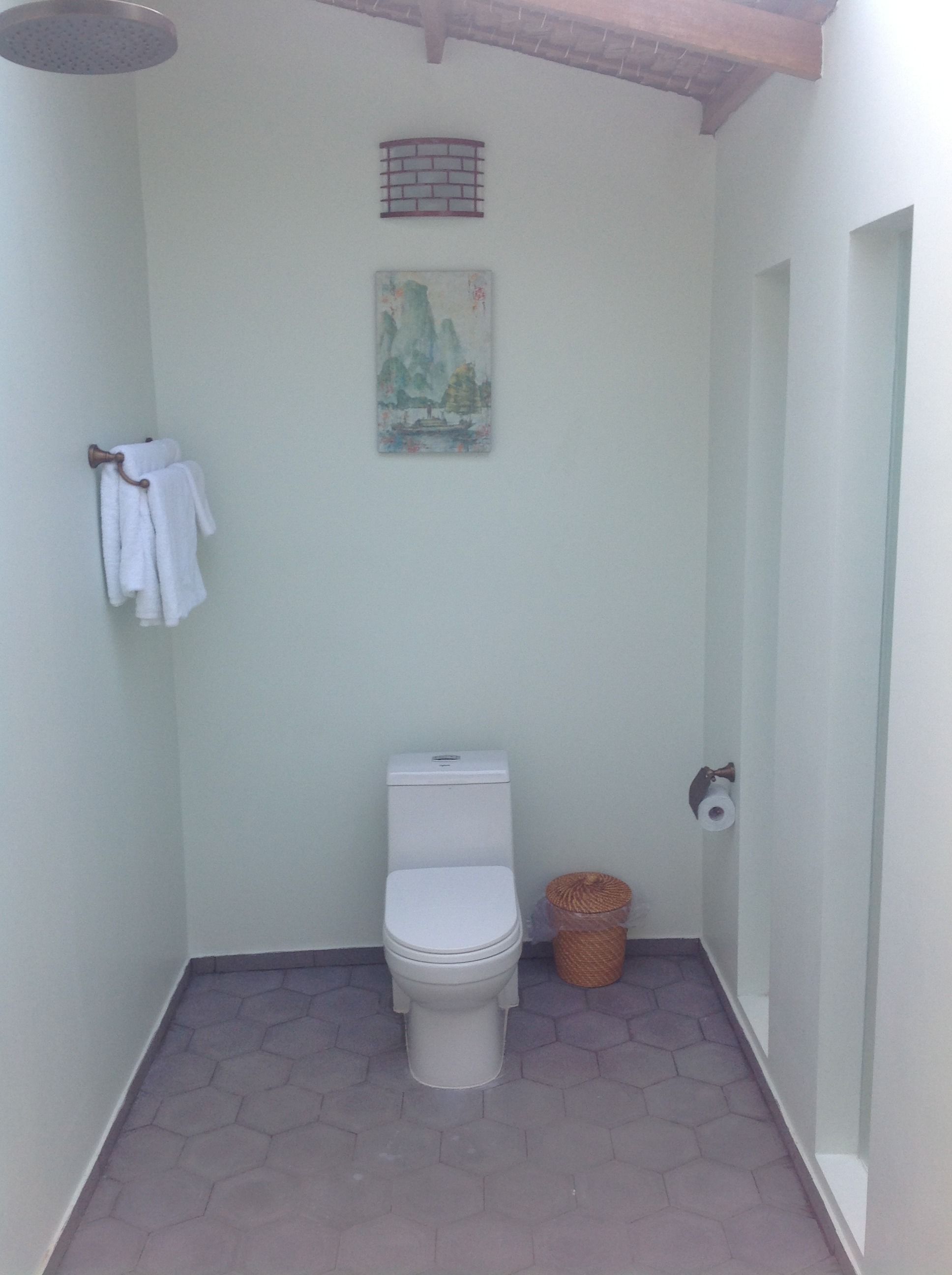 A small bathroom with a toilet, a hanging towel rack, a hexagonal patterned floor, a small basket, and a painting on the wall.